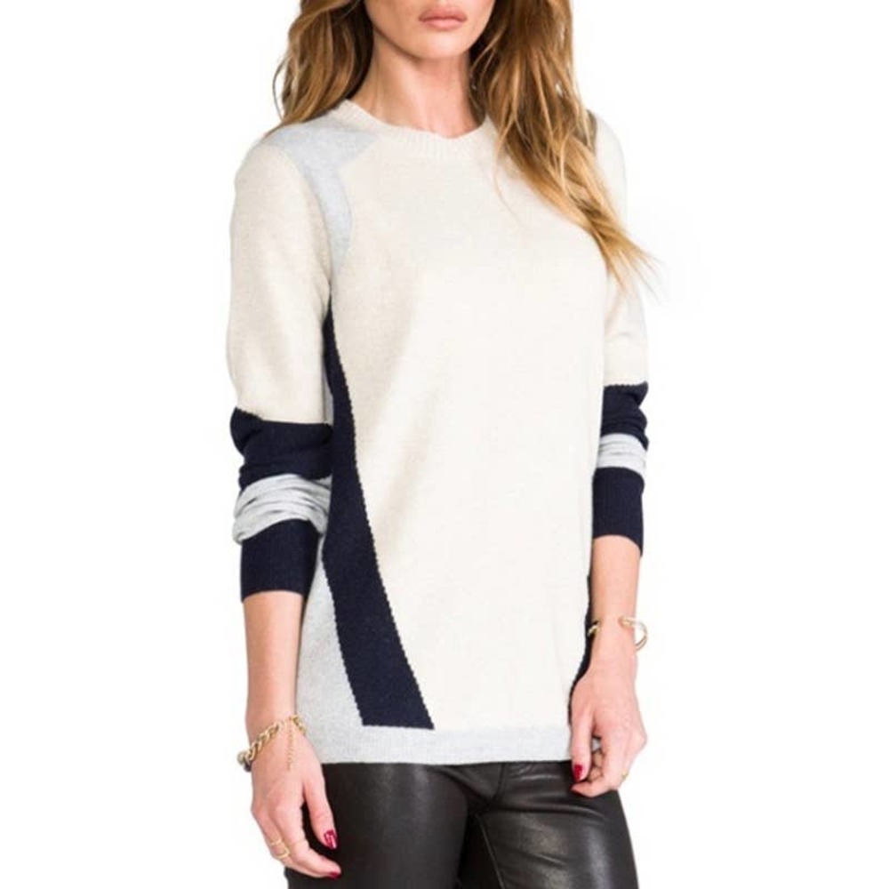 Rebecca Taylor Intarsia Cream Gray Black Colorblock Merino Wool Cashmere Sweater